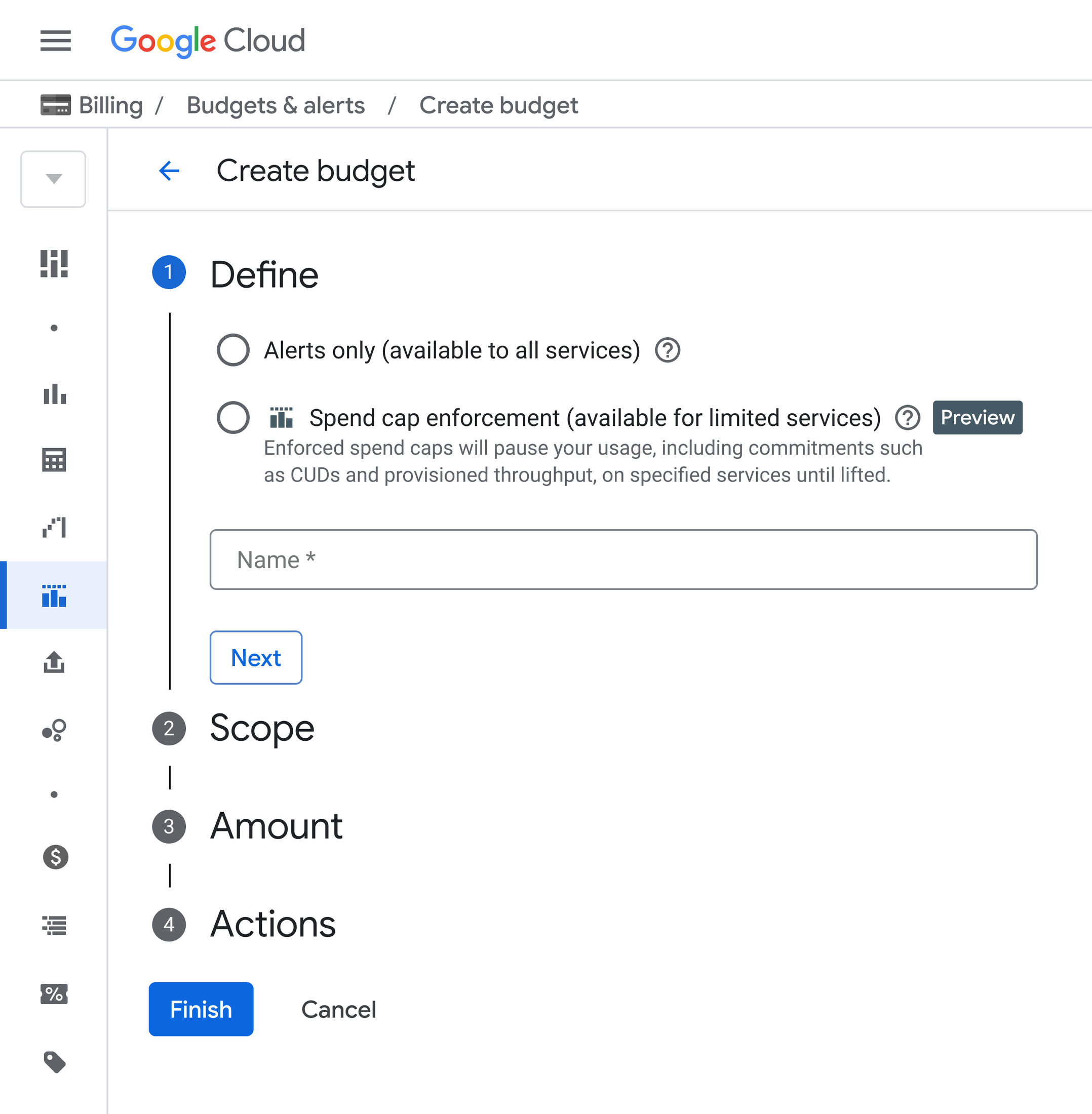 2026-07-29 ブログの Spend Cap 作成画像。現行ドキュメントの Define は Spend cap enforcement で、Budget type は Specified amount に固定される