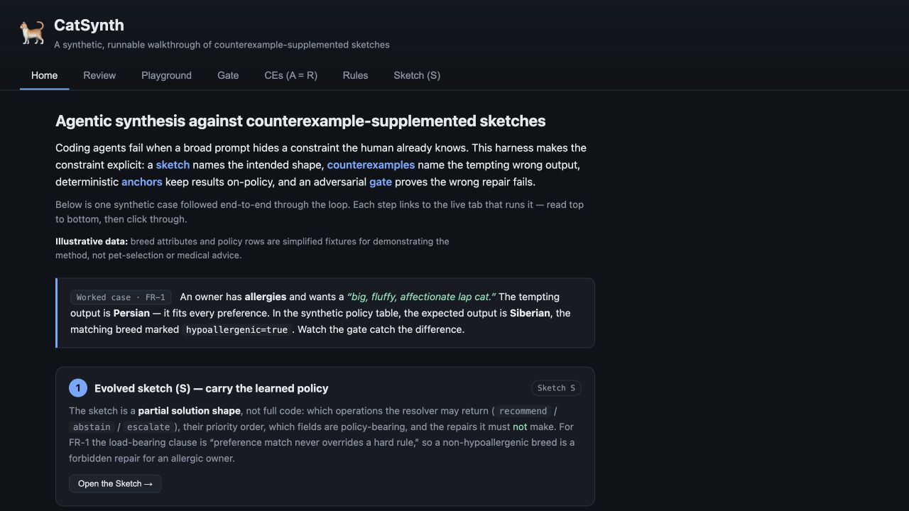 CatSynth の教材 UI ホーム画面。sketch・counterexamples・anchors・gate の 4 要素と、アレルギー持ちの飼い主のケースを end-to-end で追う導線を示す