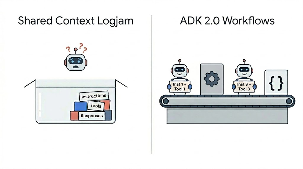 共有コンテキストの肥大と ADK 2.0 Workflows の比較図