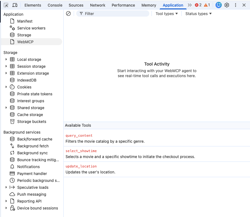 DevTools ApplicationパネルのWebMCP